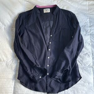 Holding Horses Silk Navy Button Down Blouse with Pink Polka Dots
